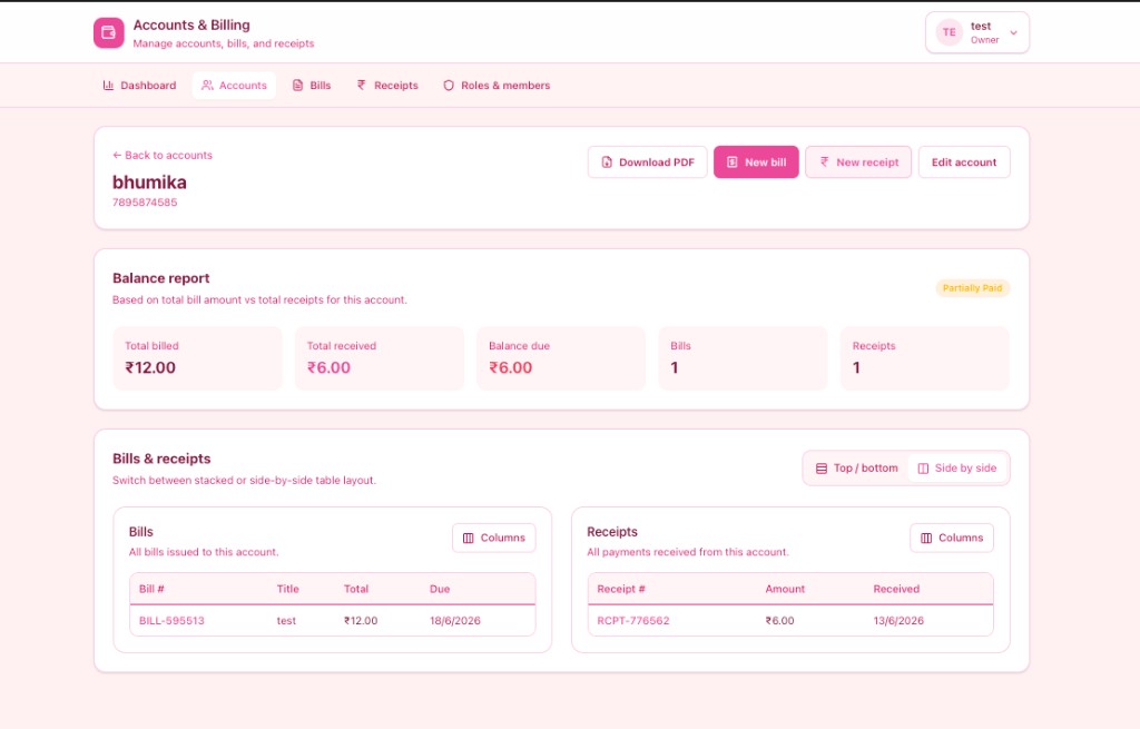 Account detail with balance report, bills, and receipts side by side