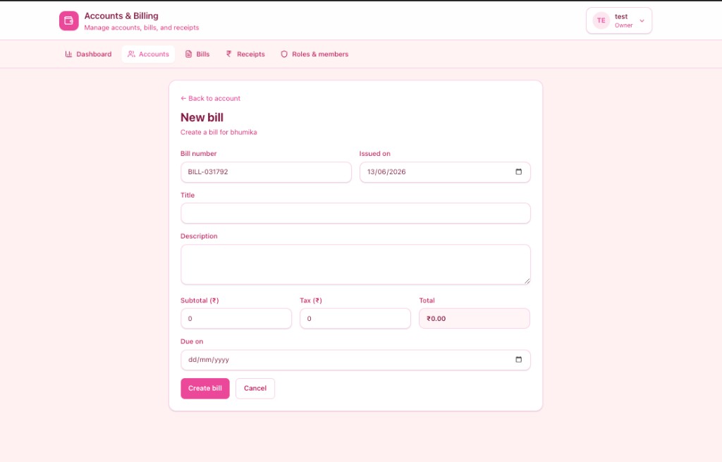 Create a new bill with subtotal, tax, and due date